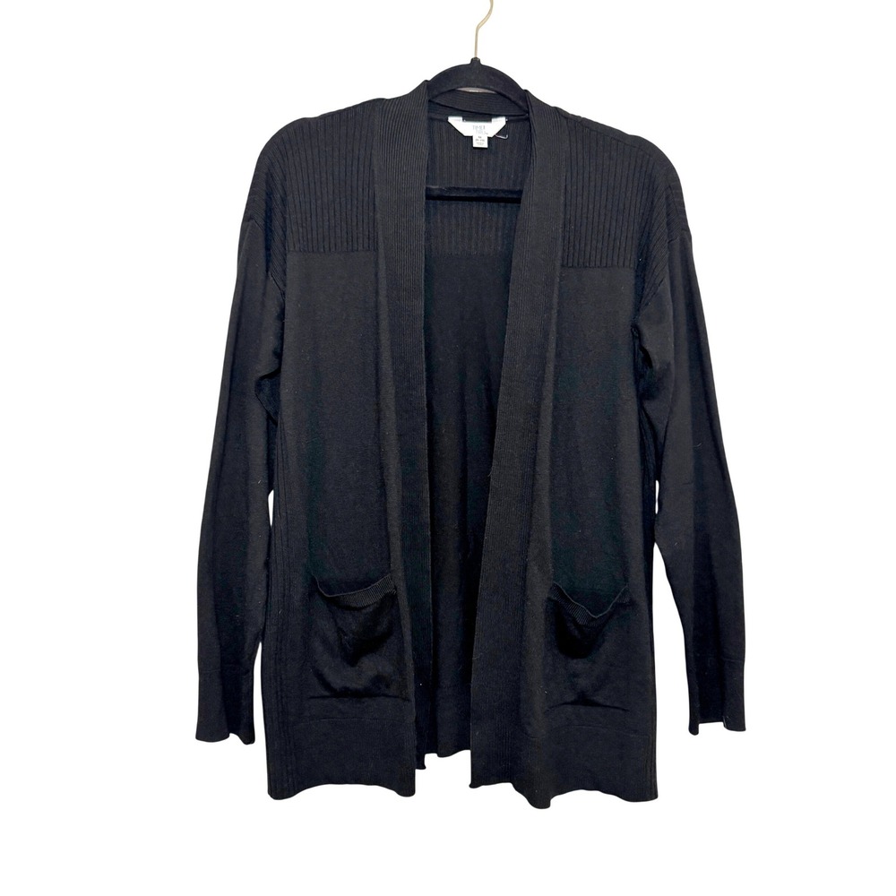 Time and Tru Womens Black Open Front Cardigan Sweater Ribbed Knit Pockets Size M